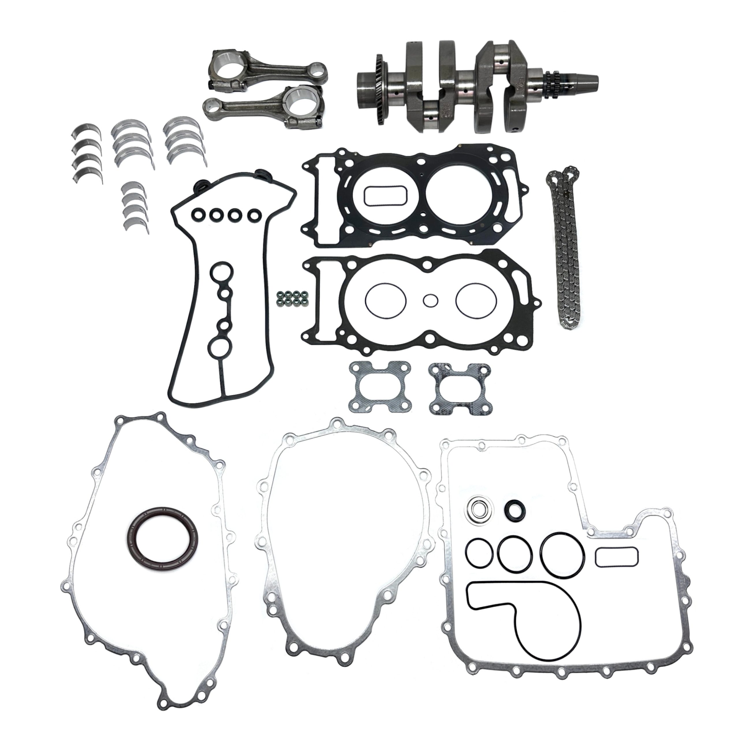 Kawasaki Teryx KRX 1000 Complete Bottom End Rebuild Kit 2021-2025 Complete Bottom End Rebuild Kit (1) Crankshaft REPLACES OEM#: 13031-0997 (2) Connecting Rod REPLACES OEM#: 13251-0749-JJ (1) Cam Chain REPLACES OEM#: 92057-0769 (1) Valve Cover Gasket REPLACES OEM#: 1061-1313 (4) Valve Cover Bolt Seal REPLACES OEM#: 92055-0785 (1) Top End Gasket Set REPLACES OEM#: (1) Generator Cover Gasket REPLACES OEM#: 11061-1304 (1) Clutch Cover Gasket REPLACES OEM#:11061-1305 (1) Oil Pan Gasket REPLACES OEM#: 11061-1306 (1) Oil Cooler O-Ring REPLACES OEM#: 92055-0752 (1) Water Pump Shaft O-Ring REPLACES OEM#: 92055-0922 (1) Cylinder Head Water Fitting Gasket REPLACES OEM#: 92055-0021 (1) Water Pump Cover Gasket REPLACES OEM#: 92055-0921 (1) Oil Filler Cap O-Ring REPLACES OEM#: 92055-1281 (6) Crankshaft Bearing Blue REPLACES OEM#: 92139-0925 (4) Balance Shaft Bearing Blue REPLACES OEM#:92028-1909 (4) Connecting Rod Bearing Yellow REPLACES OEM#: 92139-0968 (1) PTO Oil Seal REPLACES OEM#: 92049-0820 (1) Water Pump Seal Set REPLACES OEM#: 49063-1055