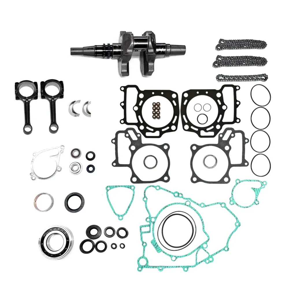 2013 Kawasaki Teryx 750 KRF750 complete bottom end rebuild kit with crankshaft, rod kits, gasket kit, oil seals, cam chain set, oil pump chain, bearings, and water pump parts