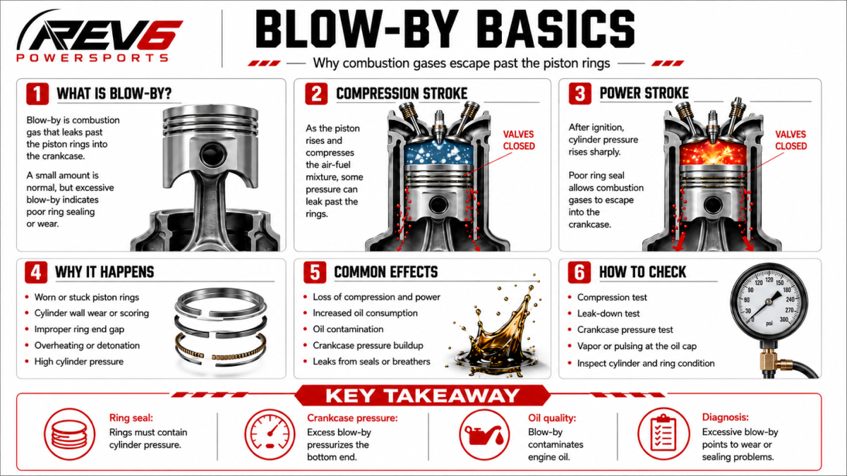 REV6 Diagram explaining what engine blow-by is and why it happens, why combustion gases escape past the piston rings step-by-step